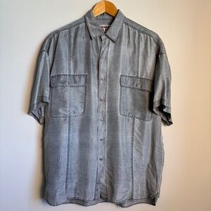 Mens 100% Silk Vintage Short Sleeve Button Up Shirt Silver/Gray Size Medium‎ Dad